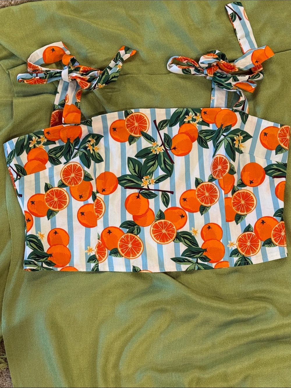 MODCLOTH X COLLECTIF Size 14 Oranges Blue/White Stripe Crop Top Retro Tie Straps